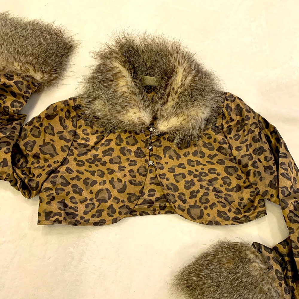 Girls leopard print faux fur cropped jacket